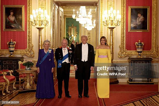 Britain's Queen Camilla, King Charles III, U.S. President Donald Trump and first lady Melania Trump pose for a family photo at the State Banquet at...