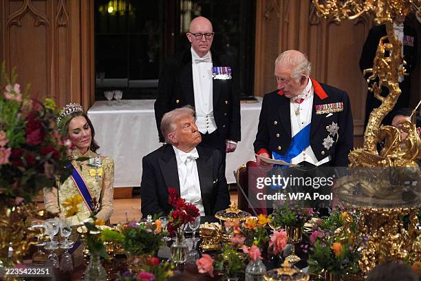 King Charles III delivers his speech as US President Donald Trump and Catherine, Princess of Wales listen during a State Banquet at Windsor Castle...