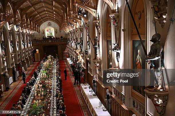 President Donald Trump delivers a speech at a State Banquet at Windsor Castle for the State visit by the President of the United States of America on...