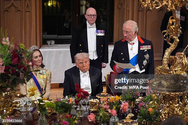 King Charles III delivers his speech as US President Donald Trump and Catherine, Princess of Wales listen during a State Banquet at Windsor Castle...