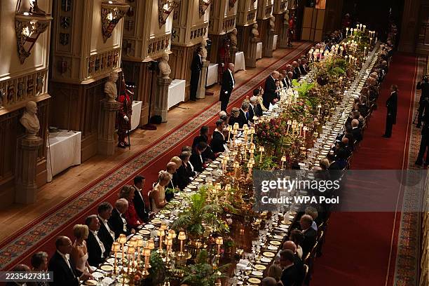 President Donald Trump gives a speech during the state banquet at Windsor Castle, Berkshire, on day one of his second state visit to the UK on...