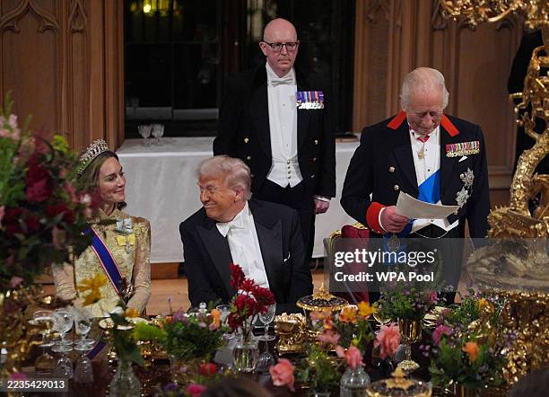 King Charles III delivers his speech as US President Donald Trump and Catherine, Princess of Wales listen during the State Banquet at Windsor Castle...