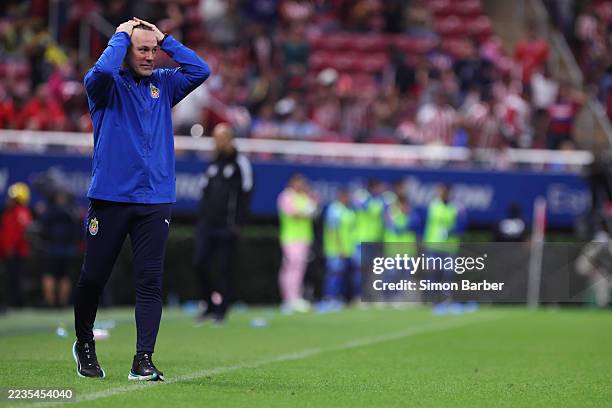 Head Coach Gabriel Milito of Chivas reacts during the 1st round match between Chivas and Tigres UANL as part of the Torneo Apertura 2025 Liga MX at...