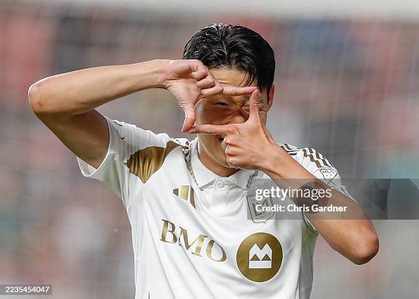 Son Heung-Min of the Los Angeles Football Club reacts after scoring a goal against Real Salt Lake during the first half of their game at America...