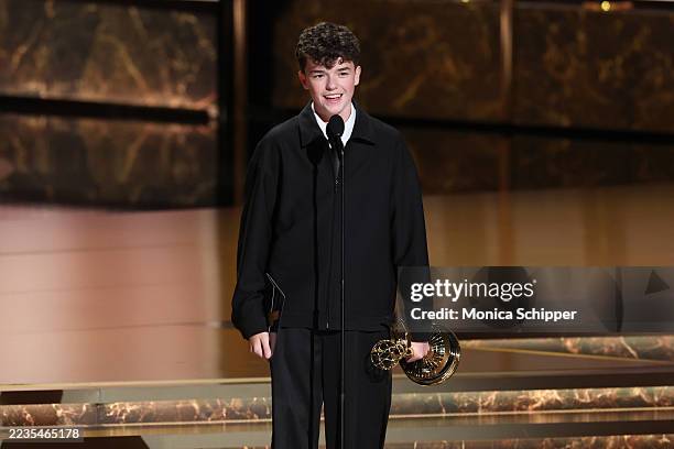 Owen Cooper accepts the Outstanding Supporting Actor in a Limited or Anthology Series or Movie award for "Adolescence" onstage during the 77th...