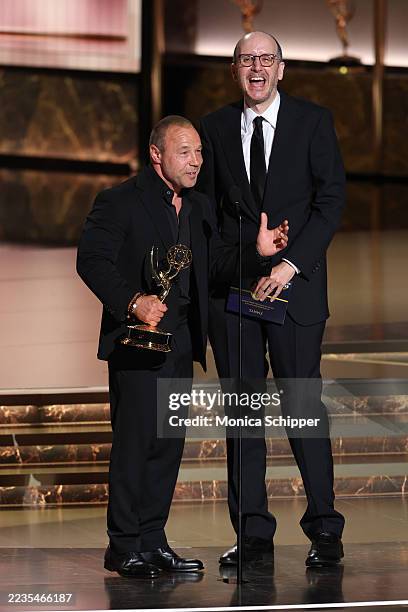 Stephen Graham and Jack Thorne accept the Outstanding Writing for a Limited or Anthology Series or Movie award for "Adolescence" onstage during the...