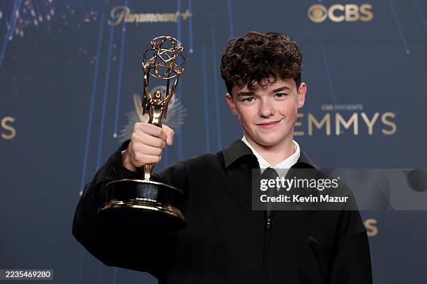 Owen Cooper, winner of Outstanding Supporting Actor in a Limited or Anthology Series or Movie for "Adolescence," poses in the press room during the...