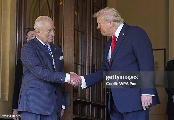 King Charles III bids farewell to US President Donald Trump at Windsor Castle on day three of the President's state visit to the UK on September 18,...