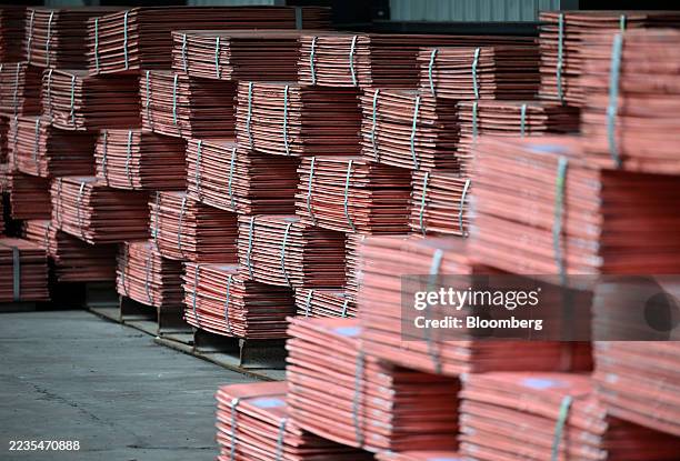 Copper cathode sheets ready for shipment at the Zijin Mining Group Co. Ltd. Copper smelting plant in Bor, Serbia, on Wednesday, Sept. 17, 2025. China...