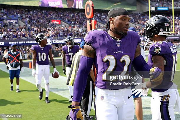 Running back Derrick Henry of the Baltimore Ravens looks on against the Cleveland Browns at M&T Bank Stadium on September 14, 2025 in Baltimore,...