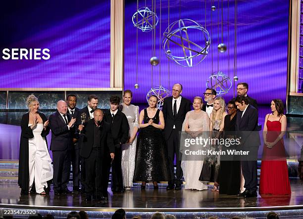 Cast and crew such as Stephen Graham, Owen Cooper, Erin Doherty, Ashley Walters, Christine Tremarco, and Jack Thorne accept the Outstanding Limited...