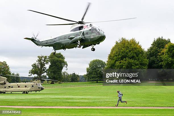 The Marine One helicopter, carrying US President Donald Trump, lands at Chequers, the official country residence of Britain's Prime Minister, in...