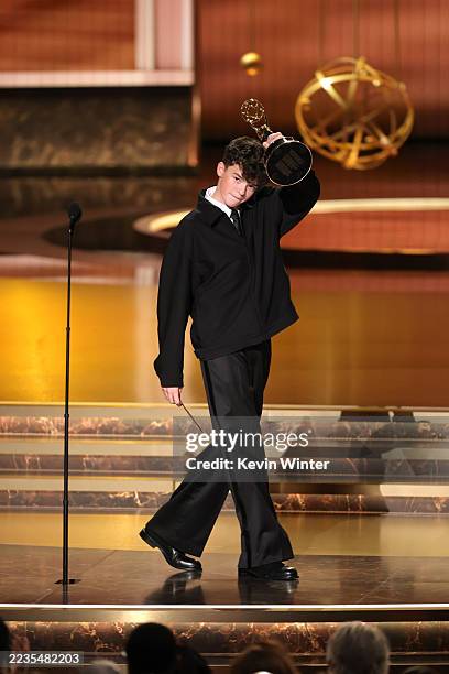 Owen Cooper accepts the Outstanding Supporting Actor in a Limited or Anthology Series or Movie award for "Adolescence" onstage during the 77th...