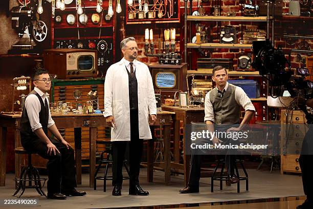 Bowen Yang, Nate Bargatze and James Austin Johnson speak onstage during the 77th Primetime Emmy Awards at Peacock Theater on September 14, 2025 in...