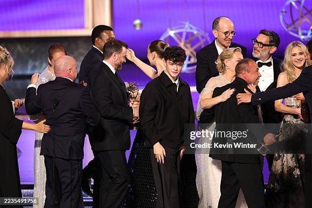 Owen Cooper accepts the Outstanding Limited or Anthology Series award for "Adolescence" onstage during the 77th Primetime Emmy Awards at Peacock...