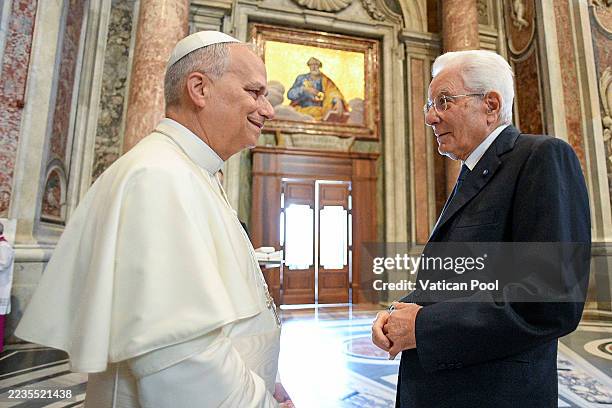 Pope Leo XIV meets with Italian President Sergio Mattarella before the Canonisation Ceremony of Carlo Acutis and Pier Giorgio Frassati in St. Peter's...