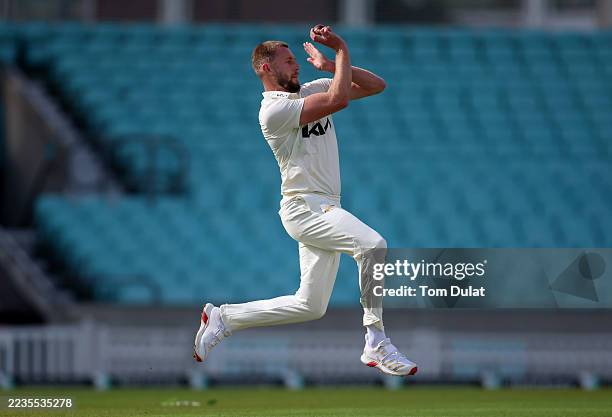 Gus Atkinson of Surrey bowls during the Rothesay County Championship match between Surrey and Nottinghamshire at The Kia Oval on September 15, 2025...