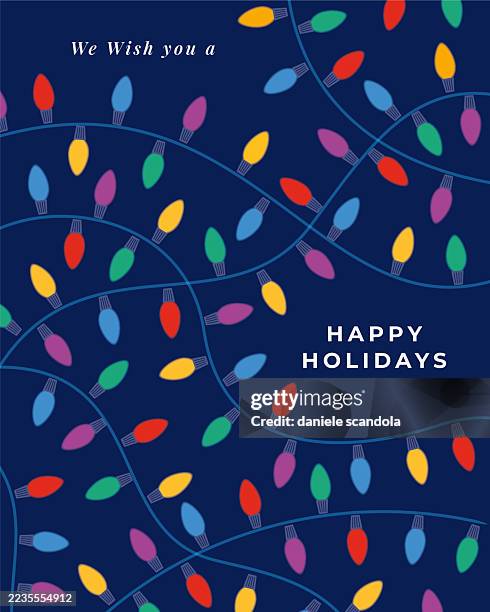 ilustrações de stock, clip art, desenhos animados e ícones de christmas light bulbs on blue background. christmas greeting card. - luzes de natal