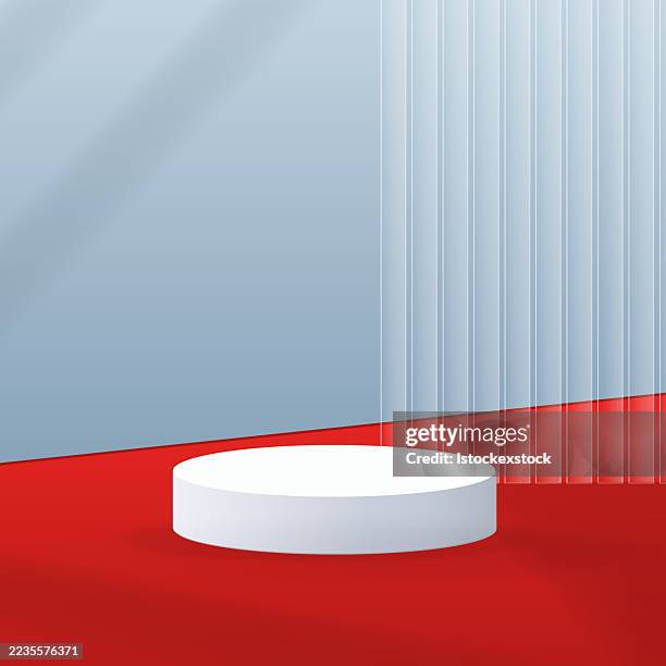 empty white pedestal on red floor with vertical lines background - empty store front window stock illustrations