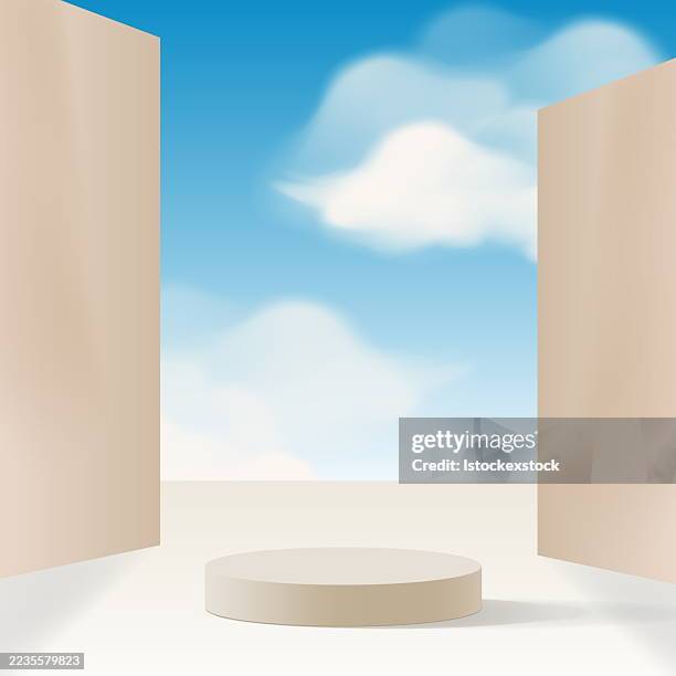 empty stage with open panels under a blue sky with clouds - studio 3d background stock illustrations