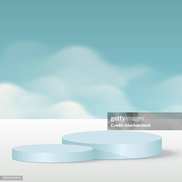two light blue circular podiums against a cloudy sky background - podium background stock illustrations