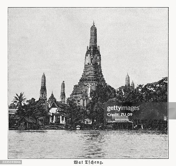 historical view of wat arun, bangkok, thailand, halftone print, 1897 - chao phraya river bangkok stock illustrations
