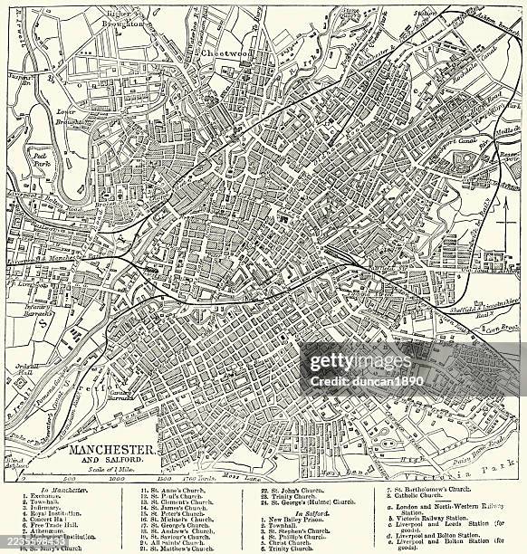 stockillustraties, clipart, cartoons en iconen met map of manchester and salford, victorian, vintage illustration 1870s 19th century - manchester engeland