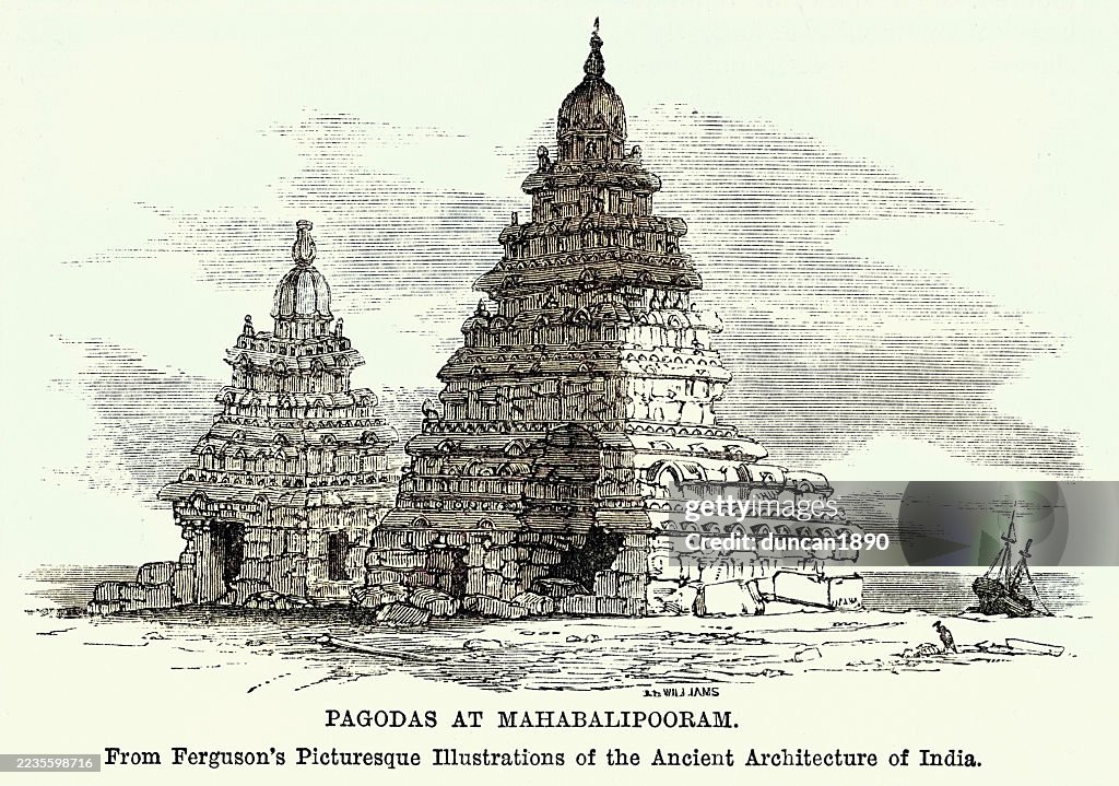 History, Indian architecture, Shore Temple pagodas, Mahabalipuram, Tamil Nadu, India, Vintage illustration 1870s 19th Century