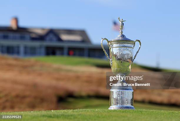 General view of the U.S. Open Championship Trophy on the golf course at Shinnecock Hills Golf Club on September 15, 2025 in Southampton, New York....