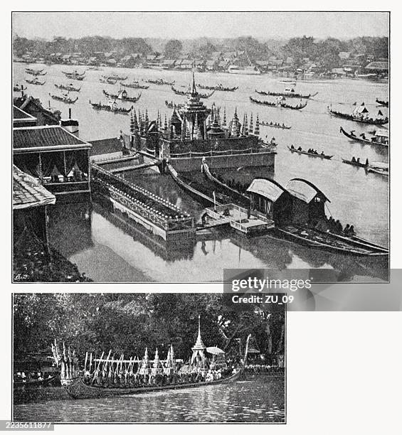 royal barge procession in bangkok (1886), halftone print, published 1897 - chao phraya river bangkok stock illustrations