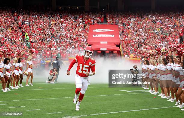 Patrick Mahomes of the Kansas City Chiefs takes the field prior to the game against the Philadelphia Eagles at Arrowhead Stadium on September 14,...
