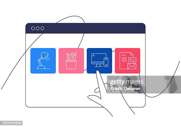 office and workspace related vector illustration. table, workplace, computer, chair, light, furniture, laptop, coworking - multitasking computer stock illustrations
