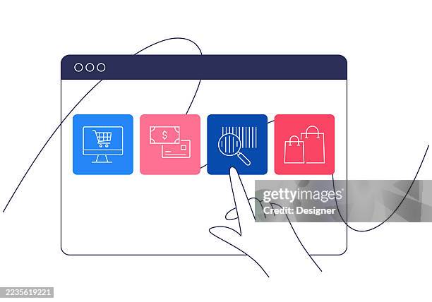 online shopping related vector illustration. internet, product, e-commerce, purchase, customer, delivery - customer loyalty program stock illustrations