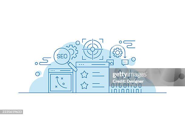 seo related vector illustration. internet, web page, mobile app, technology, marketing, search engine. - content development icons stock illustrations