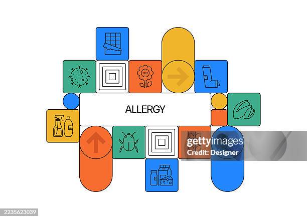 illustrazioni stock, clip art, cartoni animati e icone di tendenza di illustrazione vettoriale correlata all'allergia. allergeni di base, frutta a guscio, soia, animali domestici, funghi, glutine, mais, latte, cioccolato. - allergia