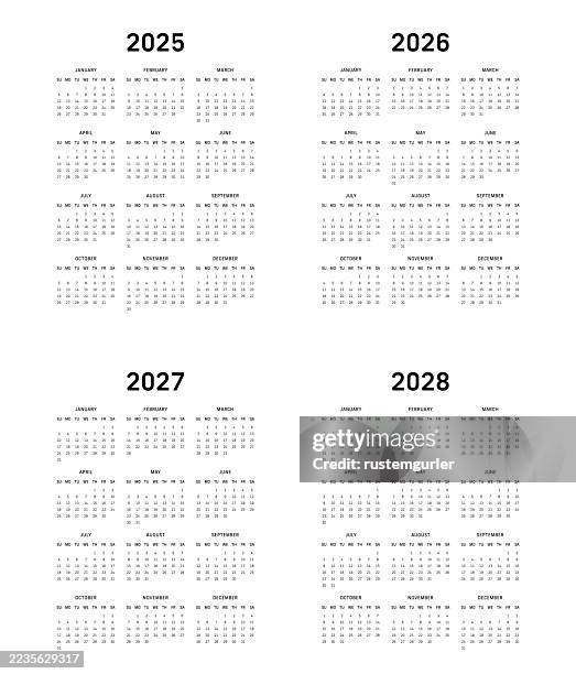 12 month calendar for 2025 - 2026 - 2027 - 2028 sunday start - white background - desk calendar stock illustrations