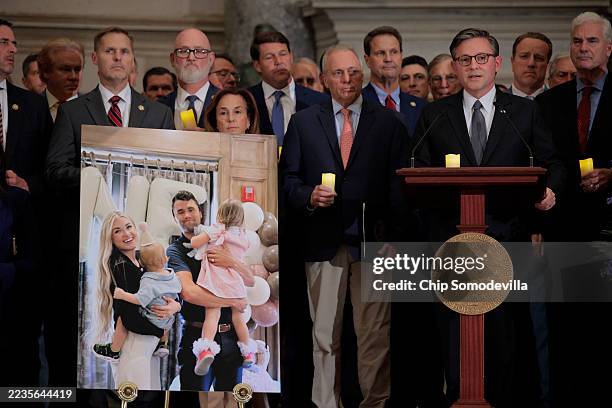 Speaker of the House Mike Johnson delivers remarks during a memorial vigil for conservative leader and Turning Point USA founder Charlie Kirk in...