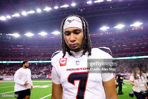 Stroud of the Houston Texans walks off the field after being defeated by the Tampa Bay Buccaneers in the game at NRG Stadium on September 15, 2025 in...