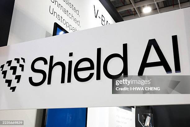 The logo of US aerospace and defence technology company Shield AI is seen during the Taipei Aerospace & Defense Technology Exhibition in Taipei on...