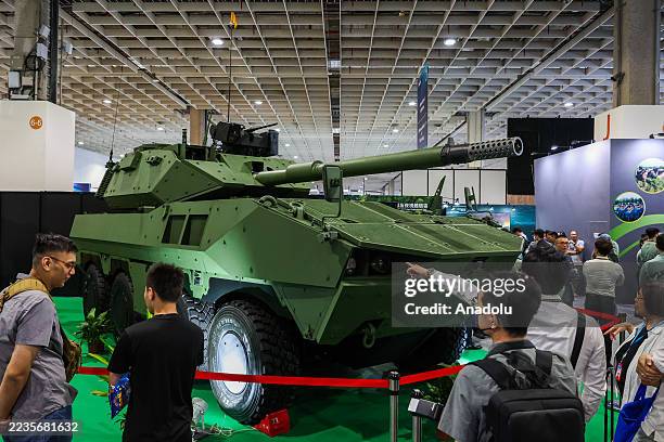 The D3 newly Taiwan-developed, eight-wheeled light tank is on display, at the Taipei Aerospace & Defense Technology Exhibition 2025 , in Taipei,...
