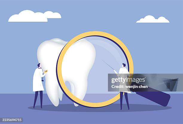 two doctors use magnifying glasses to examine teeth - man white teeth stock illustrations