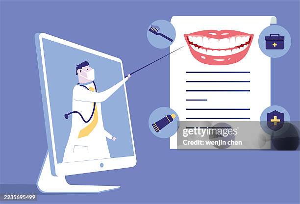 doctors explain dental records through computer screens and provide remote medical care - dentist computer stock illustrations
