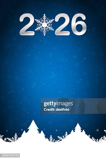 many trees on a deep snow covered hill range on midnight dark navy blue glittering snowing winter vector background with text message 2026 with a snowflake shape for happy new year greeting cards, posters, banners, backdrops templates. - winter fun vector stock illustrations