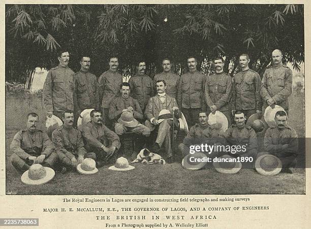 british empire history, col. sir henry edward mccallum governor of lagos colony from 1897 to 1899, with royal engineers, vintage photograph 1898 19th century - lagos nigeria stock illustrations