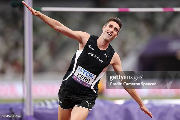 Hamish Kerr of Team New Zealand celebrates after clearing a third attempt at 2.34 Metres during the Men's High Jump Final on day four of the World...
