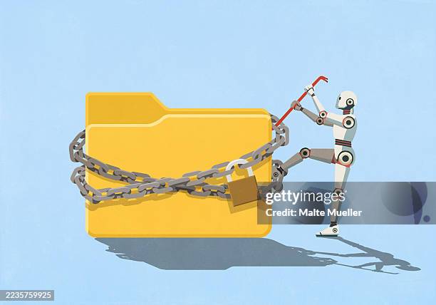 humanoid robot with crowbar trying to open padlocked digital folder - computerhacker stock-grafiken, -clipart, -cartoons und -symbole