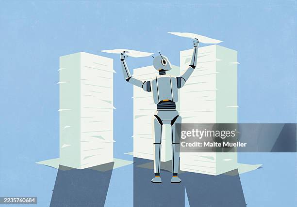 ilustraciones, imágenes clip art, dibujos animados e iconos de stock de humanoid robot placing paper documents on tall stacks - seguro documento