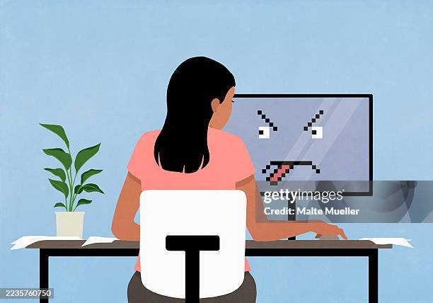 face on computer screen sticking tongue out at woman working - protruding stock illustrations
