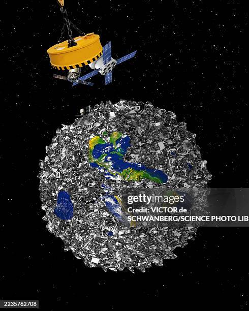 satellite clean-up, conceptual illustration - space debris stock illustrations