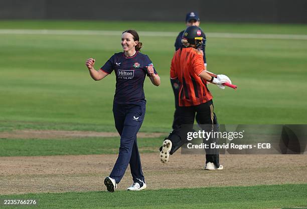 Kate Cross of Lancashire celebrates with team mates after taking the wicket of Lucy Higham during the Metro Bank One Day Cup Semi-Final match between...